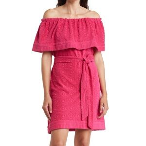Trina Turk Pink Floral Embossed Off The Shoulder Terry Cloth Restful Dress